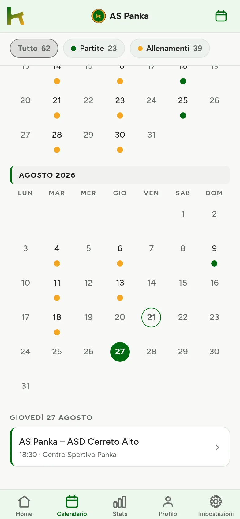 Il calendario di Panka: partite e allenamenti sullo stesso mese, con l’impegno del giorno selezionato lì sotto