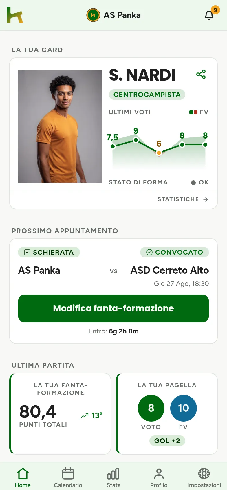 La home di Panka: la tua card giocatore con gli ultimi voti, la prossima partita e i punti dell’ultima giornata